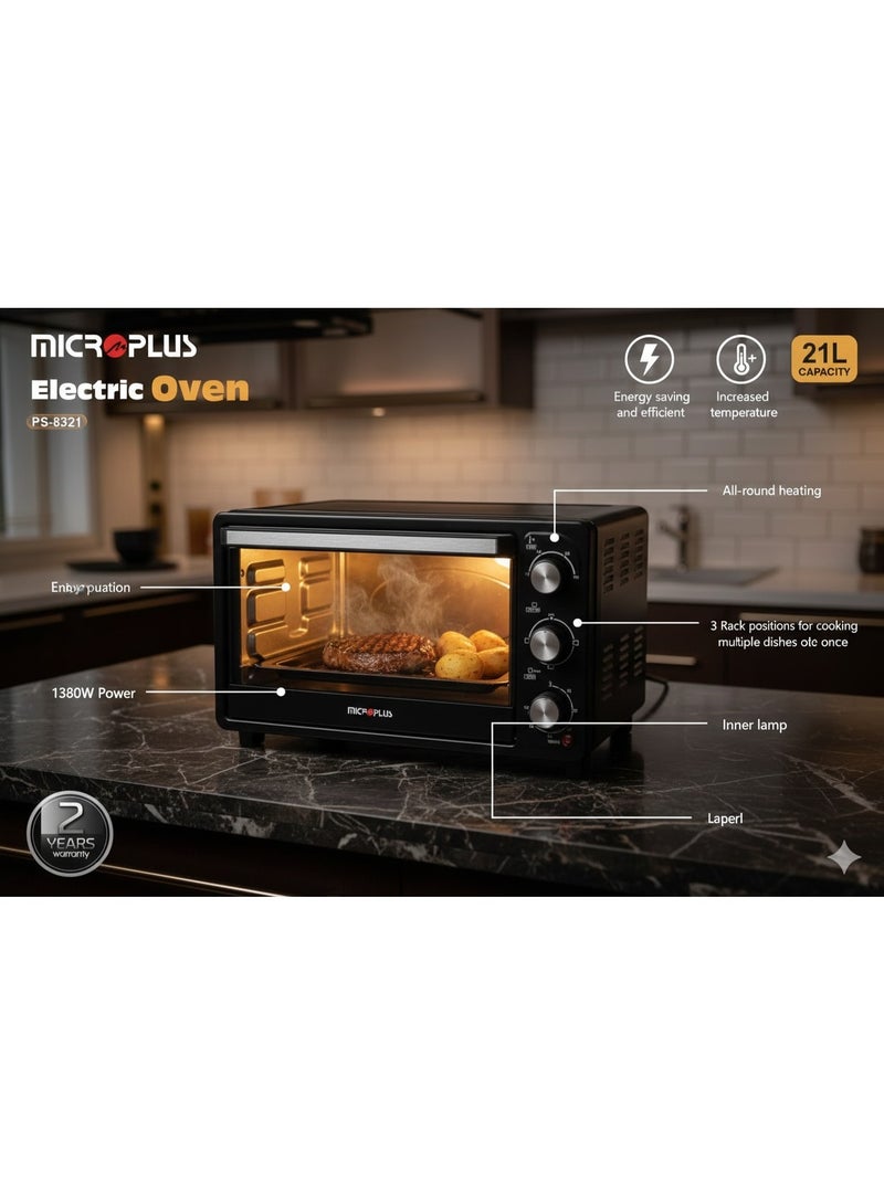 Microplus Electric Oven 21L | 1380W | Rotisserie Function | Adjustable Temp 100–250°C | 6 Heating Stages | 60-Min Timer | Stainless Steel PS-8321 - Image 2